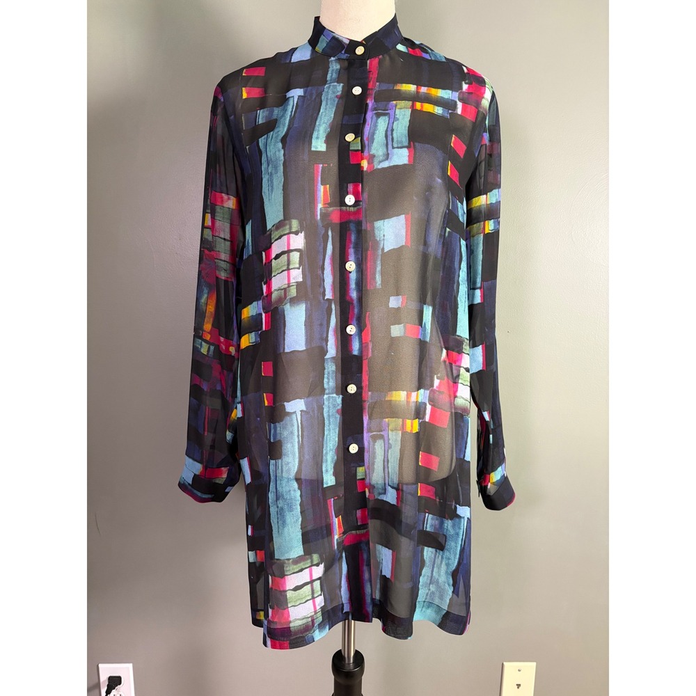 Go Silk Tunic Shirt Womens S Abstract Print Sheer Long Sleeve Art Layering Bold - Picture 2 of 8